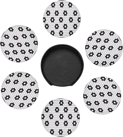 6 Pcs Black White Flower Hex Tile Print Floor Leather Coasters - Image 7