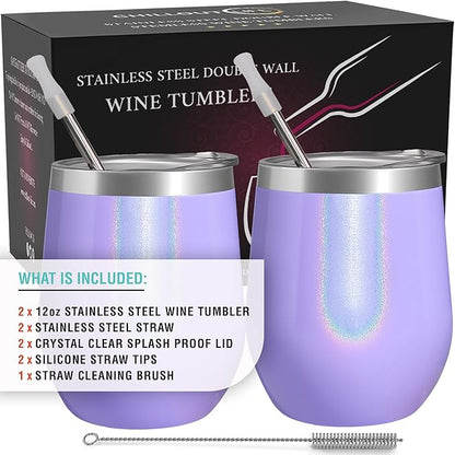 CHILLOUT LIFE 12 oz Stainless Steel Wine Tumblers 2 Pack - Double Wall Vacuum Insulated Wine Glasses Cups with Lids and Straws Set Keeping Cold & Hot for Coffee, Beer, Ice Cream - Purple Sparkle