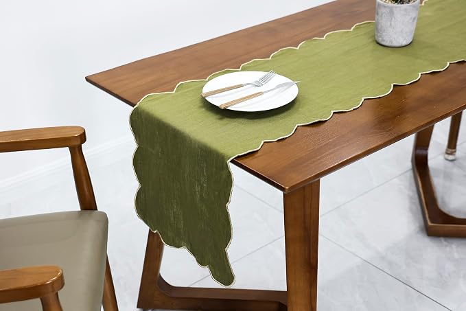 100% Natural Linen Rustic Scalloped Embroidery Table Runner 104 Inches Long - Image 4