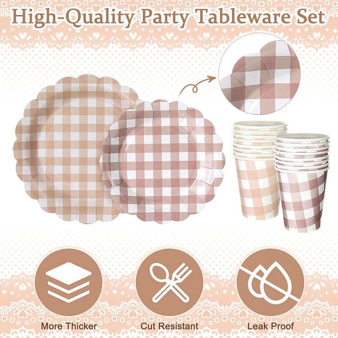 Yaomiao 168 Pcs Gingham Plates and Napkins Beige Plaid Disposable Dinnerware - Image 3
