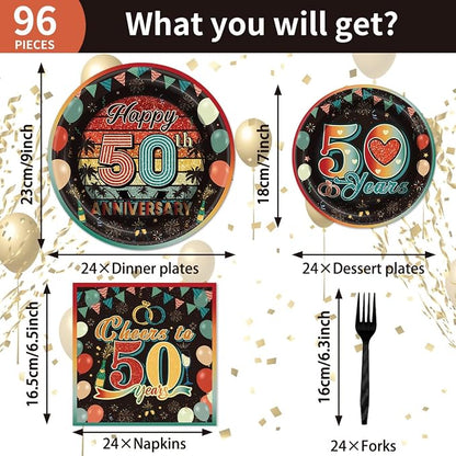 EUOYUFO 96Pcs Vintage 50th Anniversary Paper Plates Napkins Forks 50th Wedding - Image 2