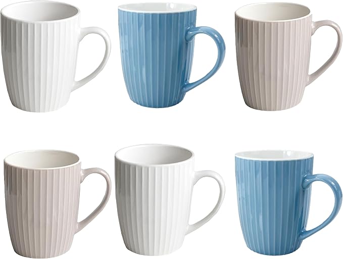 11 Ounce Porcelain Mugs, Tea and Cocoa Mug Set, 2 White, 2 Seablue, 2 Grey by MIWARE