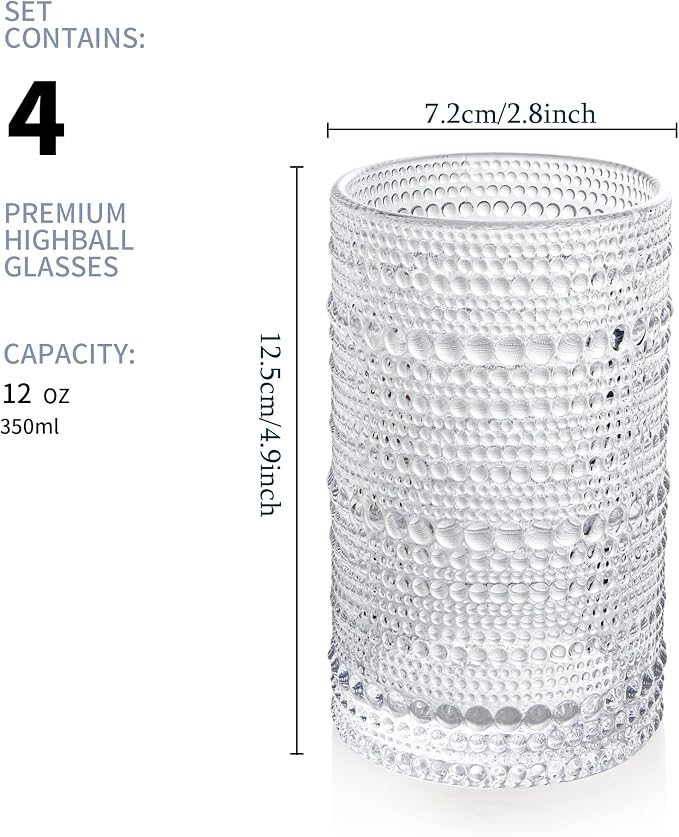 Hobnail Drinking Glasses Set of 4, Art Deco Vintage Glassware, 12 oz Tall - Image 2