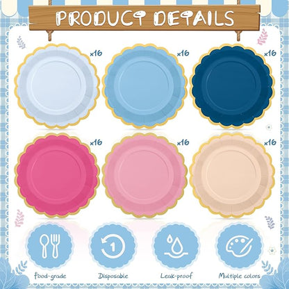 96 Pcs Pink Rose Navy Blue Paper Plates 9 Inch Gradient Scalloped Paper Plates Disposable Dinner Dessert for Birthday Wedding Bridal Party Supplies, 6 Colors