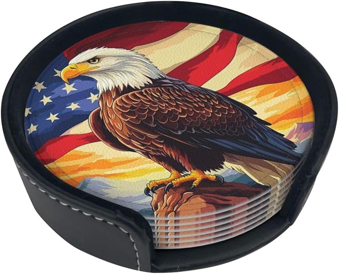 Eagle Stars Stripes Flag Leather Coasters Set of 6 by Nameapo