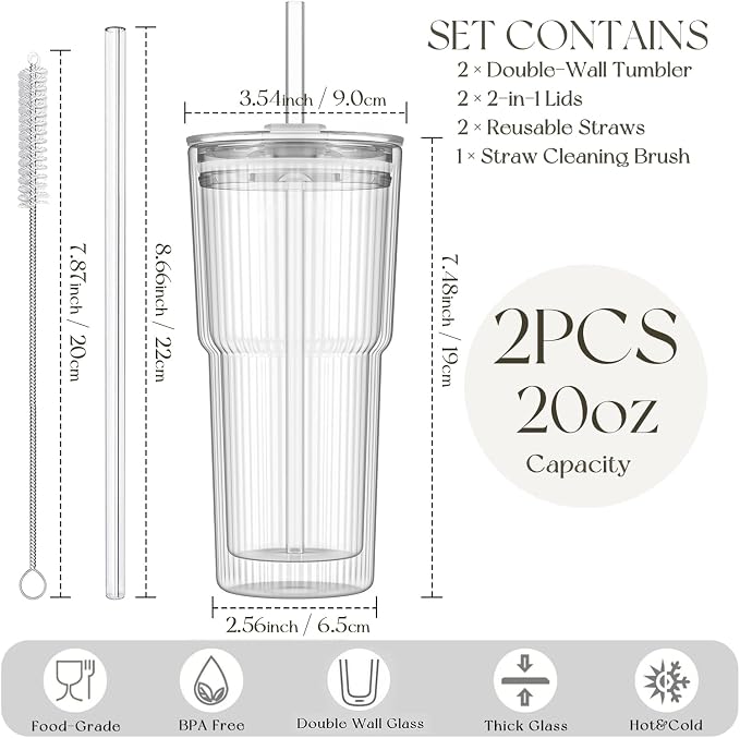 KEMORELA Iced Coffee Cups with Lids 20oz Ribbed Double Wall Glass Cups with - Image 3