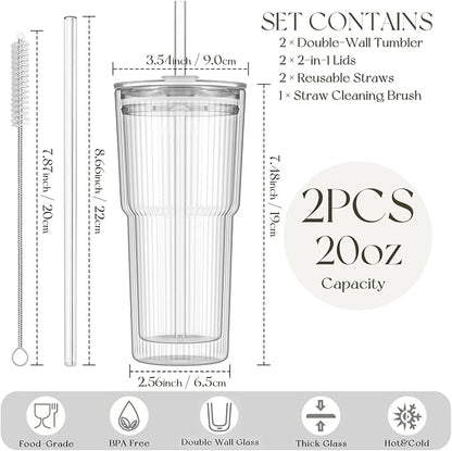 KEMORELA Iced Coffee Cups with Lids 20oz Ribbed Double Wall Glass Cups with - Image 3