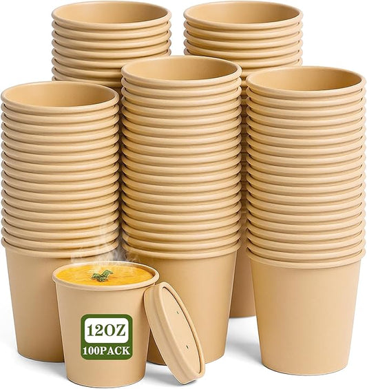 100Pack 12oz Paper Soup Container Cup with Vented Lids, Disposable Paper Food Container Kraft Dessert Bowl Soup Bowls, Microwavable and Freezer Safe for Hot Soup, Ice Cream (100 Pcs - Kraft, 12 oz)