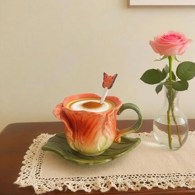 Ceramic Tea Cup and Saucer Set ，6OZ 3D Hand-Painted Flower Coffee Mug，Gift - Image 2