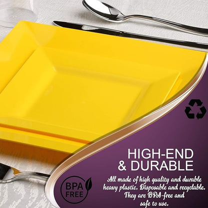 Elegant Disposable Plastic Dinner Plates 120 Plates - Heavy Duty Square Yellow Dinner Plates - 9.5" Reusable Plastic Party Plates For All Occasions