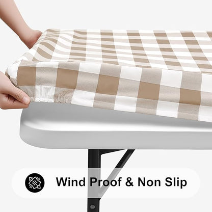 Smiry Rectangle Picnic Table Cloth, Elastic Waterproof Fitted Vinyl Tablecloths, Flannel Backed Buffalo Plaid Table Covers for Dining, Camping, Outdoor (White and Khaki, 36" x 96")