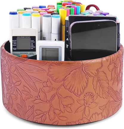 Hennaja Remote Control Holder, 360°Spinning PU Leather Desk TV Remote Caddy,Desk Storage Box Room Accessories for Controller, Media,Mail,Calculator, Mobile Phone,Pencil(1-Carved Brown)