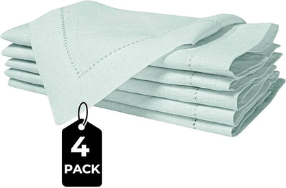 BEDDING CRAFT Set of 4 Hemstitch Pastle Blue Cloth Dinner Napkins 100% Linen - Soft Durable Washable -Ideal for Events Wedding Christmas Thanksgiving Newyear-Perfect Everyday Use Table Linen 18x18.