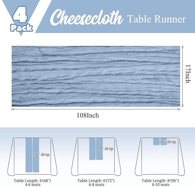 4 Pack Dusty Blue Table Runner 17 x 108inch Cheesecloth Table Runner Boho Gauze - Image 3