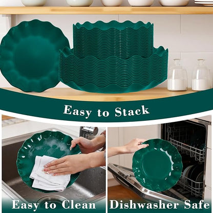 LIYH 50 Pcs Green Plastic Christmas Plates Reusable - Christmas Plastic Plates Unbreakable Holiday Dinnerware Dishes Fancy Scalloped Plate Dishwasher Safe BPA Free for Xmas Day (25Guests)