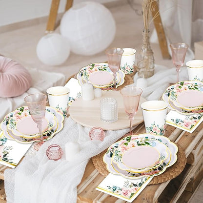 Whaline 100Pcs Pink Floral Paper Tableware Set Spring Flower Gold Foil - Image 6