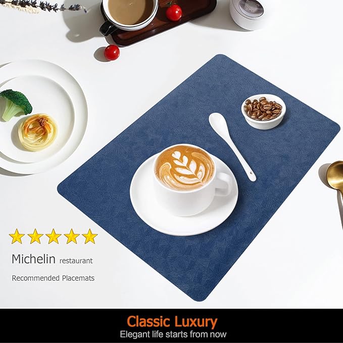 Vinyl Placemats Set of 12 Faux Leather 100% Waterproof Wipeable Washable Place Mats Heat Resistant Easy Clean Non-Slip Table Mats for Indoor Outdoor. (12,Blue)