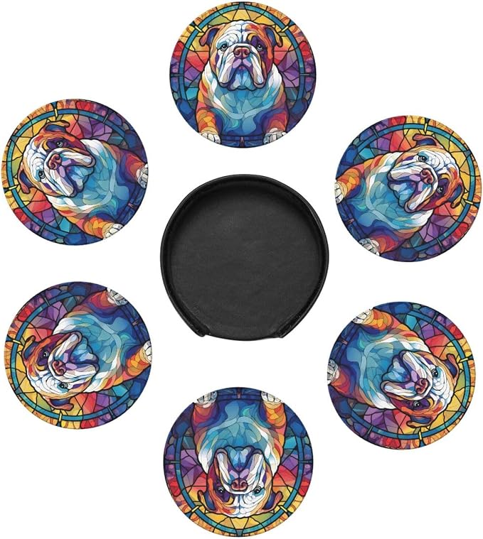 English Bulldog Stained Dog Breed Glass Art Leather Drinks Coasters - Image 2