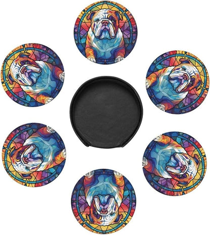 English Bulldog Stained Dog Breed Glass Art Leather Drinks Coasters - Image 2