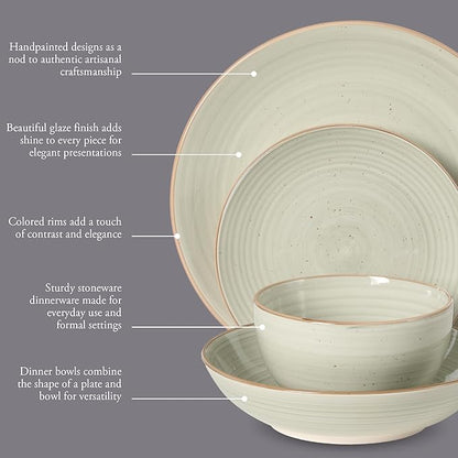 Gibson Home Stonebury 16 Piece Plates and Bowls Cream Grey Dishes - Handpainted Stoneware Dinnerware Set - Service for 4
