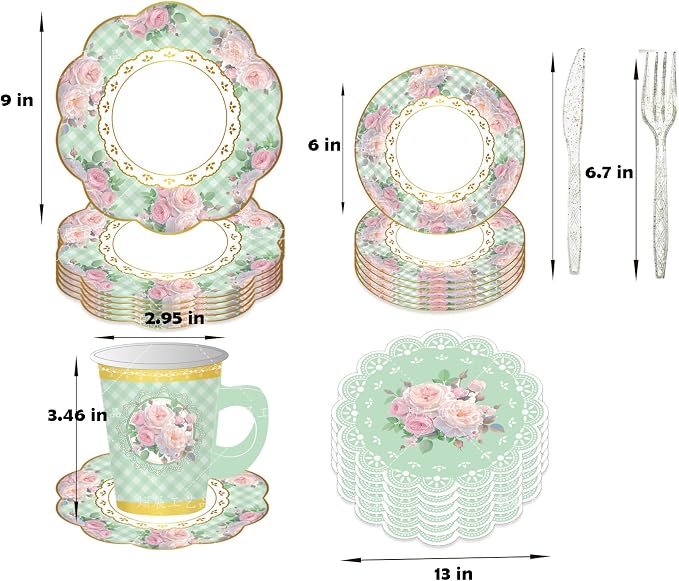 Jasni 168 Pcs Floral Paper Tea Cups and Saucers Set, Severs Disposable Tea - Image 3