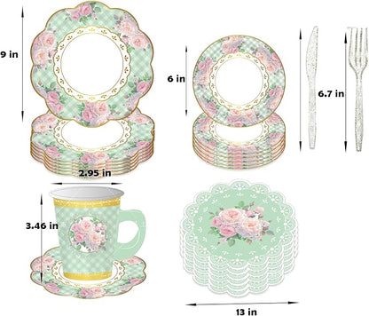 Jasni 168 Pcs Floral Paper Tea Cups and Saucers Set, Severs Disposable Tea - Image 3
