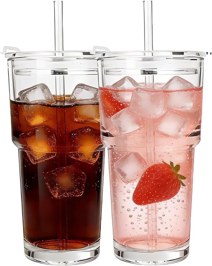 20oz Clear Glass Cups with Lids and Straws, Drinking Tumblers by AiMQnLe