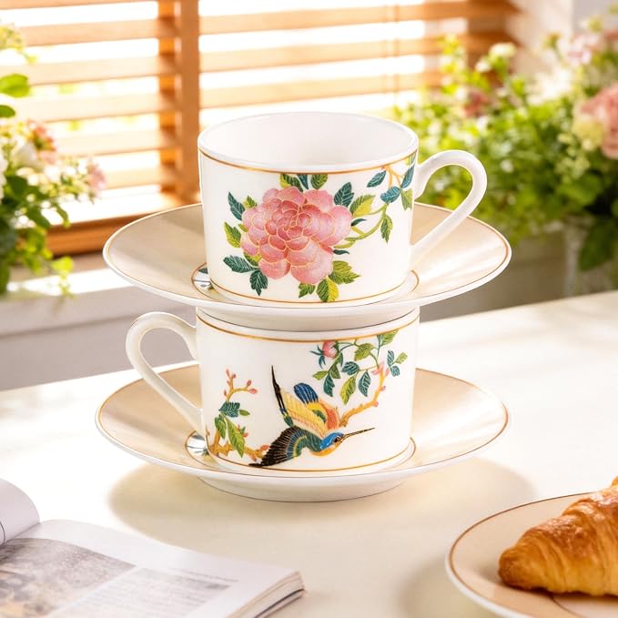 KAMMAK Tea Cups and Saucers Set of 2, Porcelain Coffee Cups, JBE004 | Stackable - Image 5