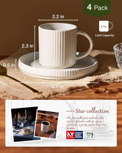 famiware 3oz Espresso Cups and Saucers, Matte White | Ceramic Small Coffee Mug - Image 5