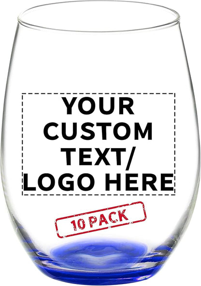 DISCOUNT PROMOS 10 ARC Stemless Wine Glasses Set, 21 oz. - Customizable Text, Logo - Chardonnay, Cabernet, Merlot, Sauvignon - Blue