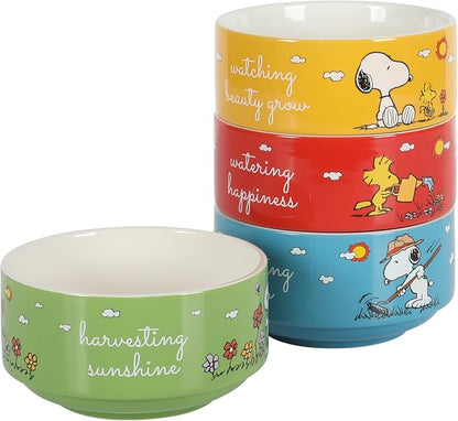 Peanuts Snoopy 5.5-Inch Decorated Stoneware Bowls, Stackable 4-Pack Bowl Set by Peanuts