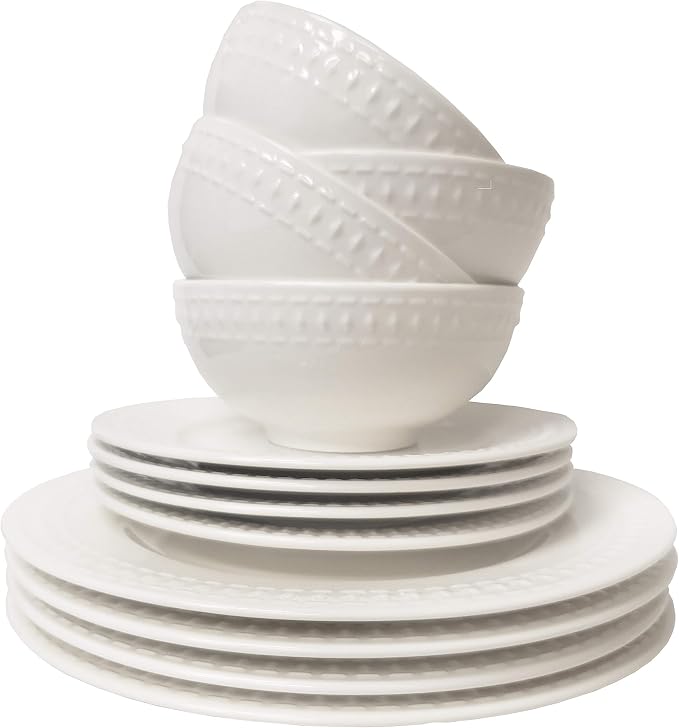 Tabletops Gallery Embossed White Porcelain Round Dinnerware - Image 7