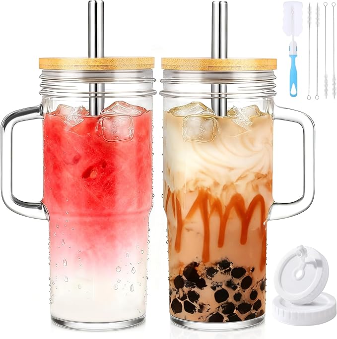 Birity 24oz Glass Cups with Lids and Straws, Glass Tumbler with Handle by 24ozRibbedGlassCup