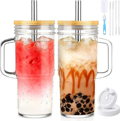 Birity 24oz Glass Cups with Lids and Straws, Glass Tumbler with Handle by 24ozRibbedGlassCup