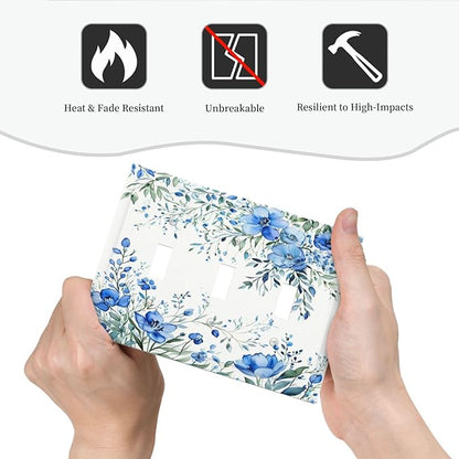 Light Switch Cover Blue Watercolor Flowers Retro Floral Leaves 3 Gang Wall Plate Triple Light Switch Plate Toggle Decorative Outlet Covers Electrical Switchplate for Bathroom Bedroom Decor