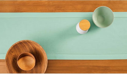 Solino Home Cotton Linen Dining Table Runner Aqua Hemstitch, 14 x 108 in | - Image 3