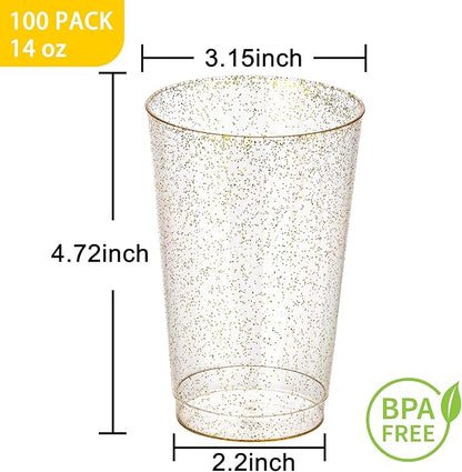 I00000 100 Pack 14 oz Gold Plastic Cups, Disposable Tumblers Gold Glitter Plastic Cups, Disposable Wine Glasses Cocktail Glasses Perfect for Wedding, Mother's Day & Party