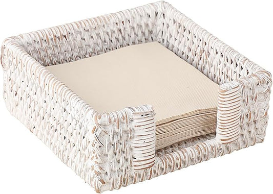 Sumnacon Napkin Holder for Table, Square Cocktail Napkin Holders, Wicker Rattan Napkin Dispenser Rustic Napkin Basket Tray for Dining Table Kitchen Countertop Picnic Party Bar, Vintage Whitewash
