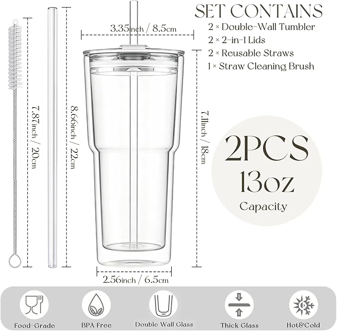 KEMORELA 2PCS 20oz Double Wall Glass Tumblers - Image 2