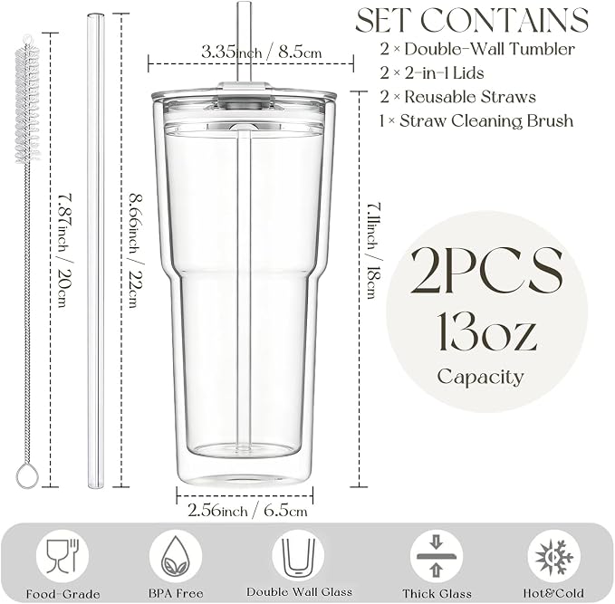 KEMORELA 2PCS 20oz Clear Double Wall Glass Cups - Image 3