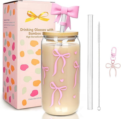 Mason Life Coquette Pink Glass Cups 18OZ Cute Bow Tumbler Glass Cup with Keychain and Straw Cover Valentines Day Galentines Gift for Iced Coffee Smoothie Cocktail Matcha Teen Girls Preppy Stuff