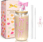 Mason Life Coquette Pink Glass Cups 18OZ Cute Bow Tumbler Glass Cup with Keychain and Straw Cover Valentines Day Galentines Gift for Iced Coffee Smoothie Cocktail Matcha Teen Girls Preppy Stuff