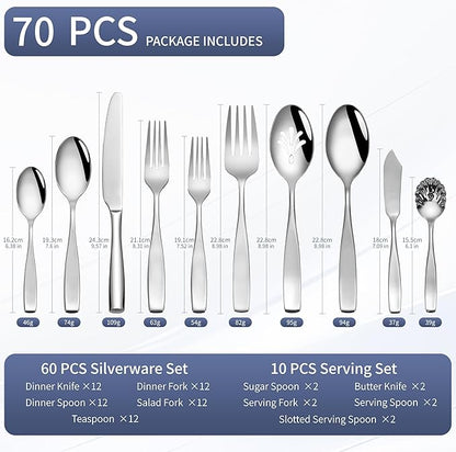 70 Piece Silverware Set 18/10 Stainless Steel, Flatware Set for 12 With 2 Sets of Serving Utensil, High End Heavy Duty Silverware Set, Dishwasher Safe, Ideal for Gift