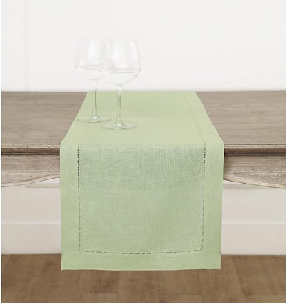 Solino Home Linen Sage Green Table Runner 72 Inches Long - 100% Pure Linen Hemstitch Table Runner 14 x 72 Inch for Dresser, Dining, Spring, Easter, St Patricks Day - Classic Hemstitch