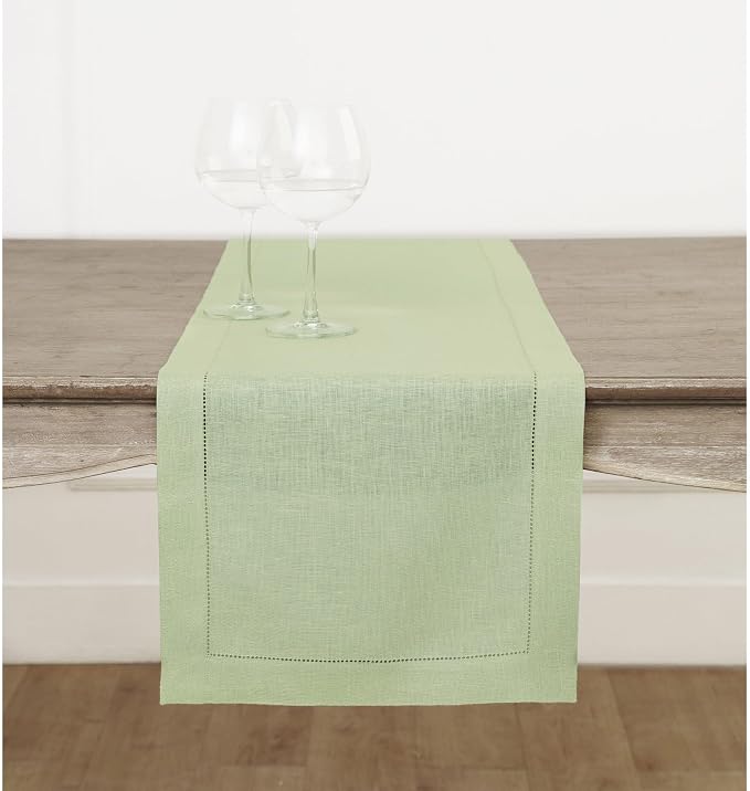 Solino Home 100% Linen Table Runner Green, Classic Hemstitch 14 x 72 in | Table by SolinoHome