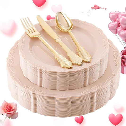 DaYammi 150Pcs Pink Plastic Plates & Gold Plastic Silverware,Pink Disposable Plates for Party Include 30 Dinner Plate,30 Dessert Plate,30 Gold Forks and 30 Spoons, 30 Knives for Wedding Bridal Shower