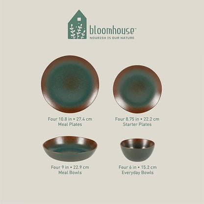 Bloomhouse - Two Time Oprah's Favorite Things Winner - Palermo Sun Double Bowl Stoneware Reactive Glaze Plates and Bowls Dinnerware Set - Agave Blue, Service for Four (16pcs)