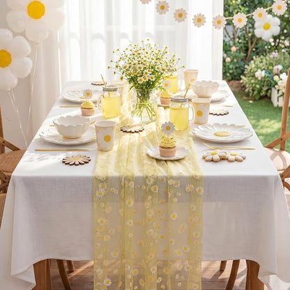 4 Pcs Yellow Daisy Table Runners 29 x 70 Inch Daisy Tulle Lace Table Runner - Image 4