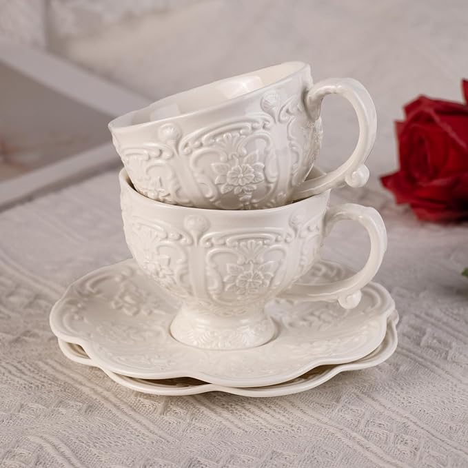 KAMMAK Tea Cups and Saucers Set of 2, 7.8 oz Porcelain Coffee Cups, 565N | - Image 4
