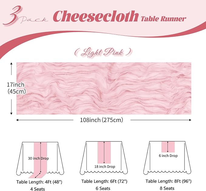3 Pack Light Pink Cheesecloth Table Runner, 17 x 108 inch, Semi Sheer Boho - Image 3
